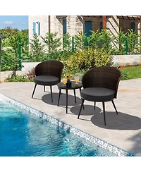 Sugift 3 Pieces Patio Rattan Bistro Set with 2 Seat Cushions and Tempered Glass Tabletop