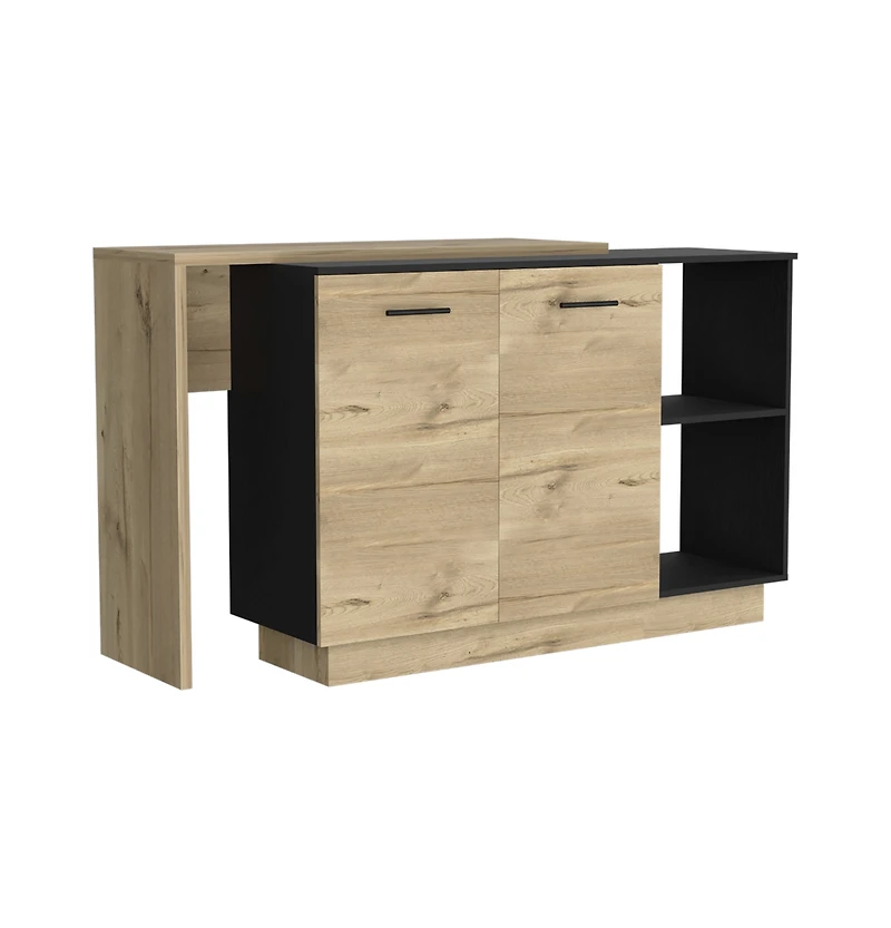 Creta Kitchen Island, Double Door Cabinets, Two External Shelves, Three Shelves, White / Light Oak