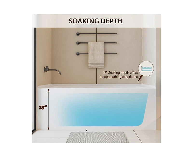 gaomon 60 Inch Acrylic Rectangular Alcove Soaking Bathtub, Rectangle 60-Inch x 32-Inch Alcove Bath with Integral Apron, Integral Flange and Left Hand