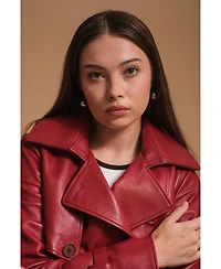 Women's Leather Trench Coat, Burgundy, Created for Macy's