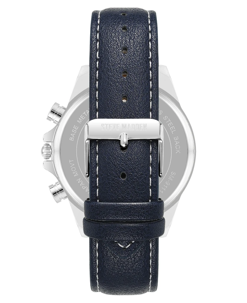 Steve Madden Men's Modern Navy Faux Leather and Silver-Tone Alloy Metal Watch, 45mm