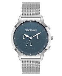 Steve Madden Men's Minimalist Blue and Silver-Tone Stainless Steel Mesh Watch, 45mm