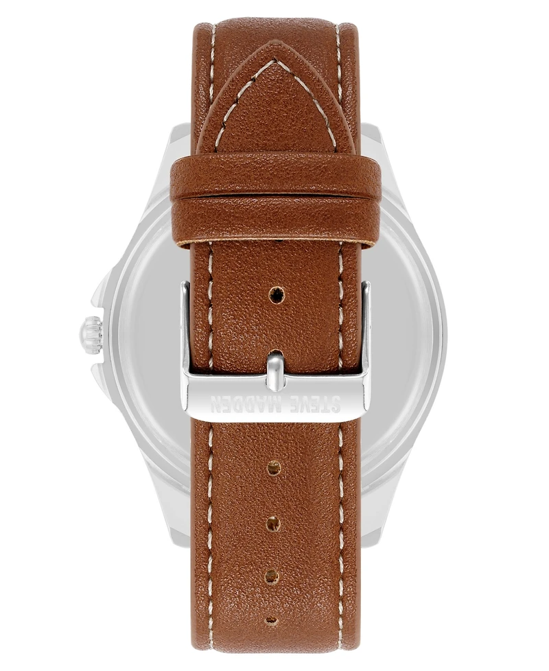 Steve Madden Men's Signature Blue and Brown Faux Leather Silver-Tone Alloy Metal Watch, 45mm