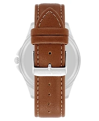Steve Madden Men's Signature Blue and Brown Faux Leather Silver-Tone Alloy Metal Watch, 45mm