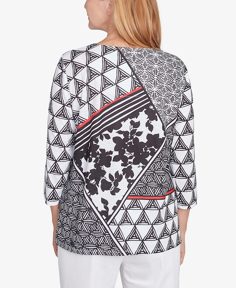 Alfred Dunner Women's Wild at Heart Geometric Multi Textured Patchwork Top