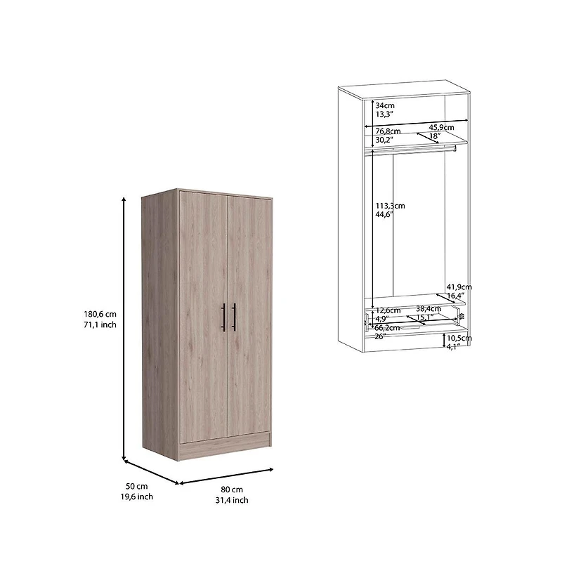 Darwin 180 Armoire, Double Door Cabinets, Metal Rod, Metal Handle, Two Shelves, One Drawer, Light Gray