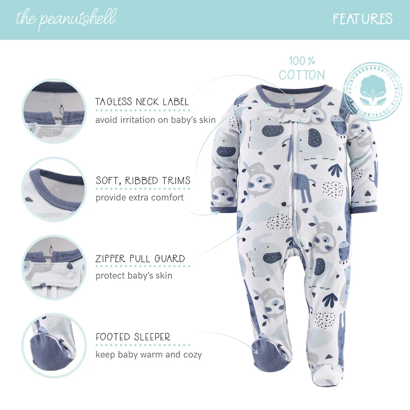 The Peanutshell Baby Boys Blue Safari Footed Sleepers for Boys, 3 Pack