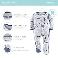 The Peanutshell Baby Boys Blue Safari Footed Sleepers for Boys, 3 Pack
