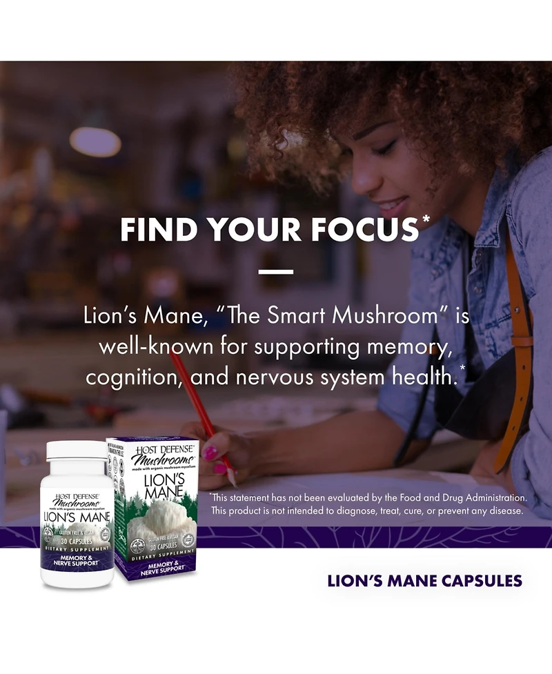 Host Defense Mushrooms Lion's Mane - Brain Health Support Supplement - Mushroom Supplement to Support Focus & Memory Function