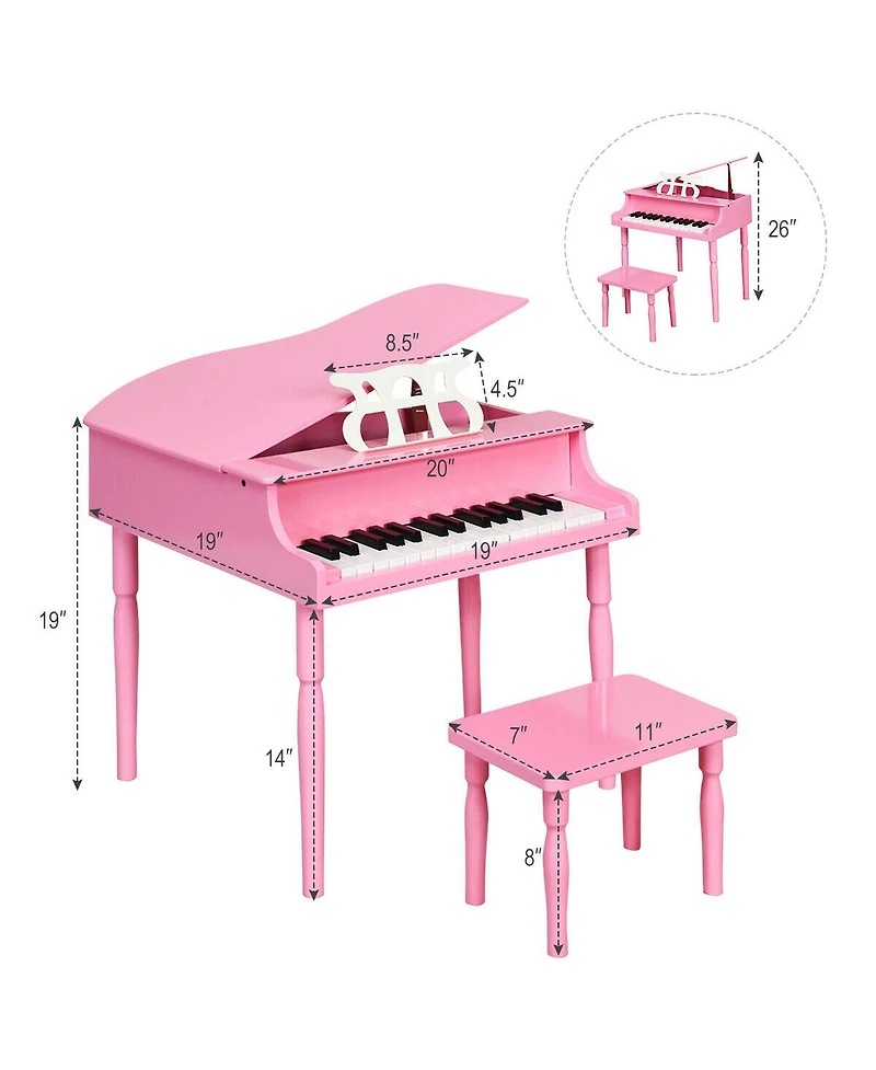 Hongge 30-Key Wood Toy Kids Grand Piano with Bench & Music Rack-Pink