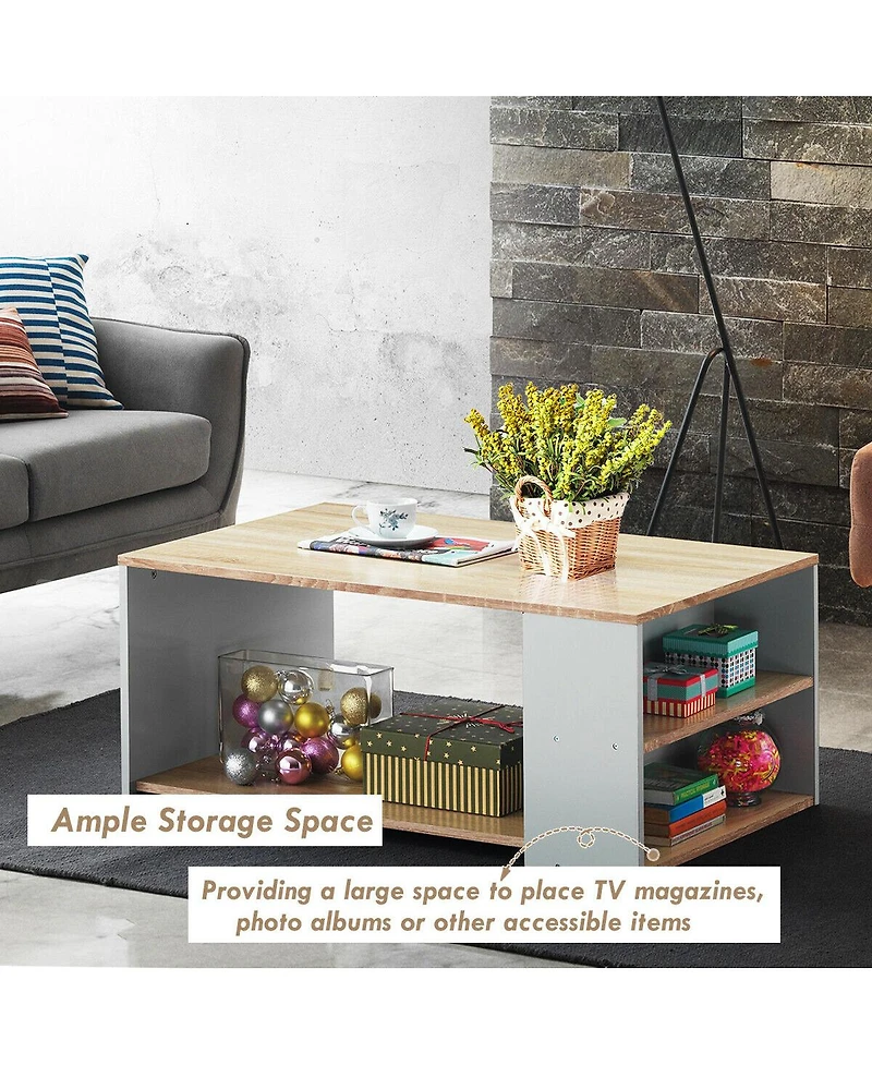Gymax 2-Tier Coffee Table Sofa Side Table w/ 2 Storage Shelves Living Room Office Oak