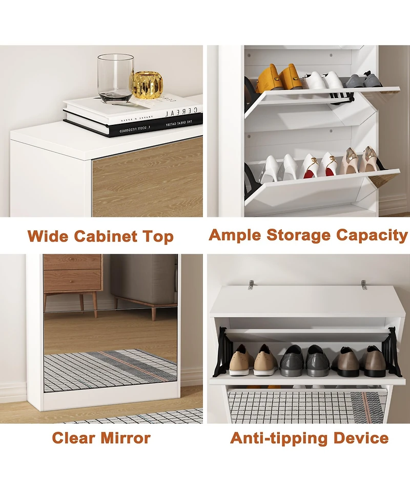 Modern Shoe Cabinet with Small Mirror Edge Gap, Mirror Shoe Rack Organizer with 3 Flip Drawers, Shoe Storage Cabinet for Entryway, Living room, Dressi