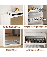 Modern Shoe Cabinet with Small Mirror Edge Gap, Mirror Shoe Rack Organizer with 3 Flip Drawers, Shoe Storage Cabinet for Entryway, Living room, Dressi