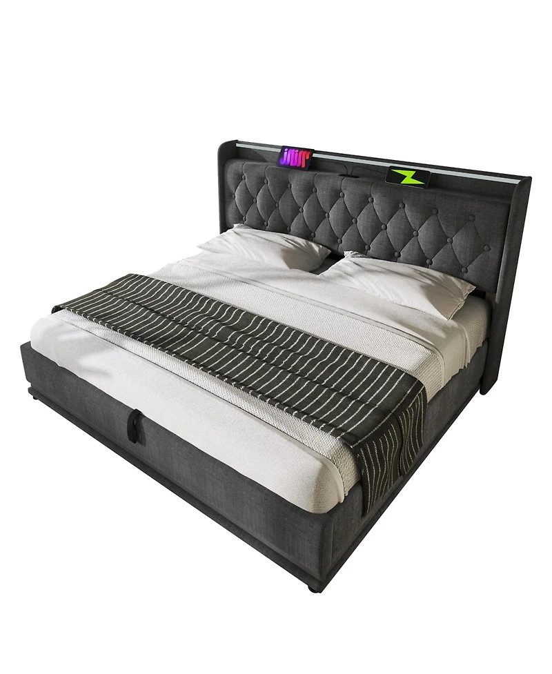 Streamdale Furniture Modern Upholstered Bed with 360 Led, Storage, and Usb-c Charging