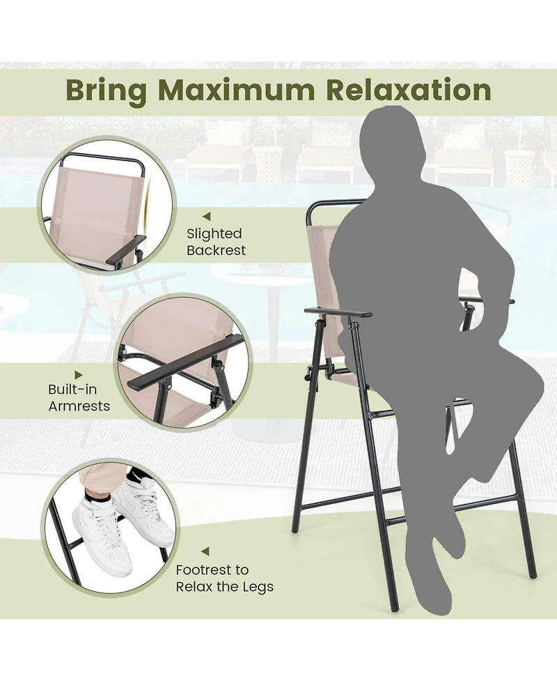 Sugift Set of 2 Patio Folding Bar-Height Chairs with Armrests and Quick-Drying Seat