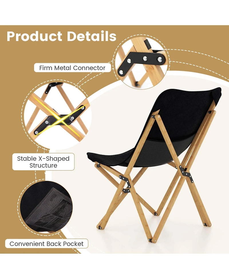 Bamboo Butterfly Folding Chair Set of 2 with Storage Pocket 330 Lbs Capacity