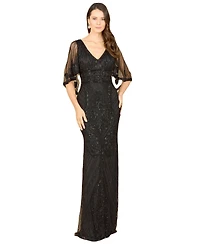 Lara Women's Cape Sleeve V-Neck Beaded Gown