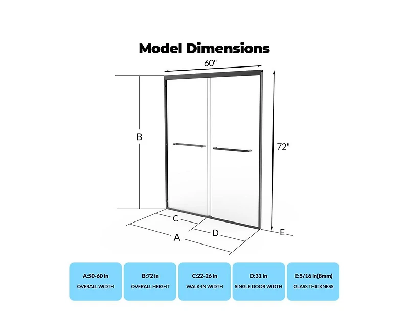 gaomon Frameless Sliding Shower Door,56-60" W x 72" H Double Sliding Shower Door, 5/16" (8mm) Thick Sgcc Tempered Glass
