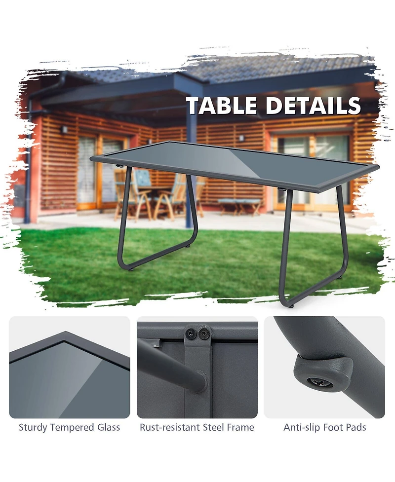 Sugift 4 Pieces of Metal Patio Furniture Chat Set with Tempered Glass Coffee Table