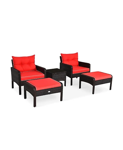 Vebreda 5 Pieces Patio Rattan Sofa Ottoman Furniture Set with Cushions