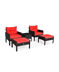 5 Pieces Patio Rattan Sofa Ottoman Furniture Set with Cushions