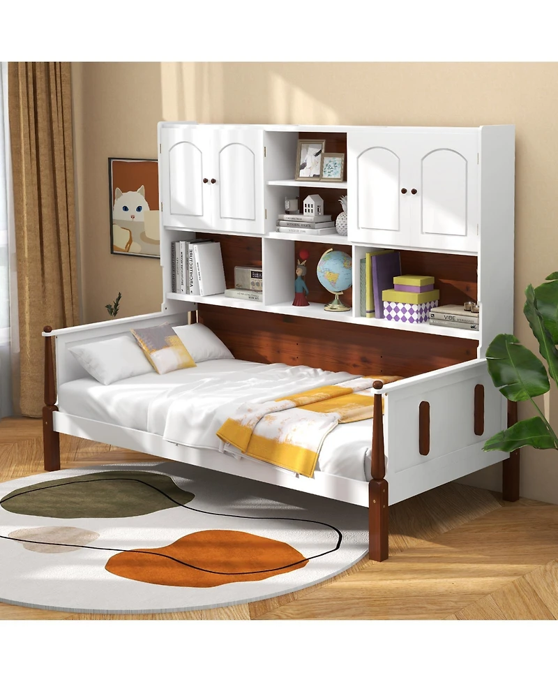 Twin Bed with Bookcase with Shelves and Wooden Slat Support No Box Spring Needed for Living Room Bedroom