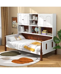 Twin Bed with Bookcase with Shelves and Wooden Slat Support No Box Spring Needed for Living Room Bedroom