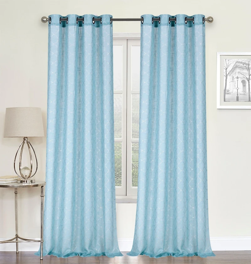 Kate Aurora 2 Piece Silver Sparkly Semi Sheer Trellis Quatrefoil Grommet Top Window Curtain Panels