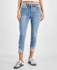 Indigo Rein Juniors' Mid Rise Button Fly Distressed Cropped Curvy Jeans