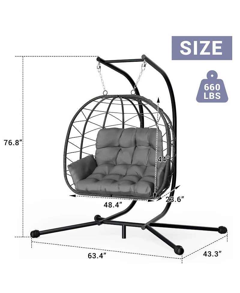 Pamapic Outdoor 2-Person Hanging Wicker Double Egg Porch Swing Chair with Stand and Beige Cushion