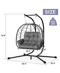Pamapic Outdoor 2-Person Hanging Wicker Double Egg Porch Swing Chair with Stand and Beige Cushion