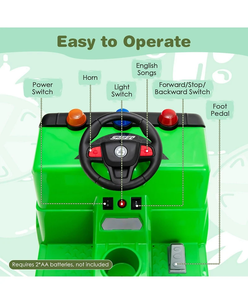 Hongge 12V Kids Ride-on Garbage Truck with Warning Lights and 6 Recycling Accessories