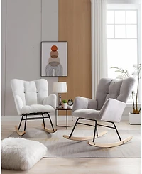 Mid Century Modern Velvet Tufted Upholstered Rocking Chair Padded Seat for Living Room Bedroom, White