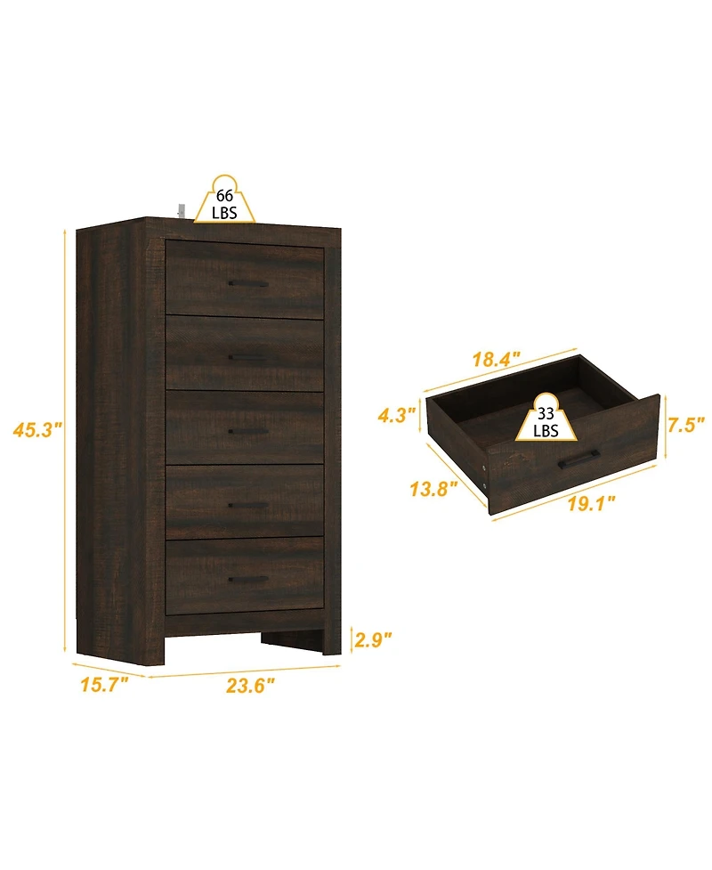 Homsee Brown Wood Accent Storage Dresser Organizer With 5 Drawers