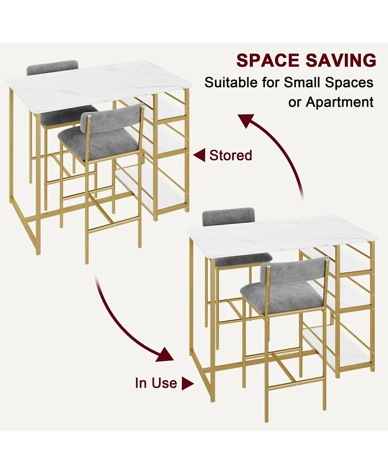 gaomon Dining Table Set for 2, Bar Table and Chairs for 2, Kitchen Table Set with 2 Upholstered Chairs,3 Large Storage Shelves,White