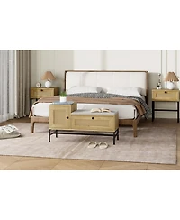 gaomon Rattan Shoe Bench with Linen Seat Cushion, Entryway Bench with Storage Cabinet, Wooden Storage Bench