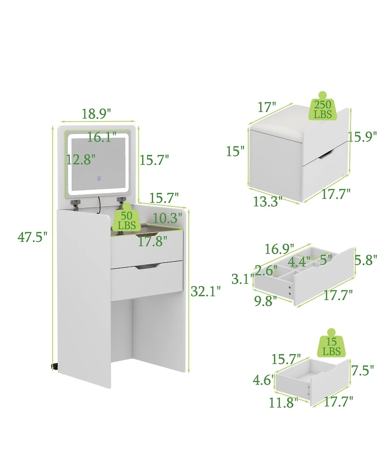 Glass Top and Led Mirror Makeup Vanity Table Set, 3 Draws Dresser,Bedside Table