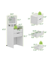 Glass Top and Led Mirror Makeup Vanity Table Set, 3 Draws Dresser,Bedside Table
