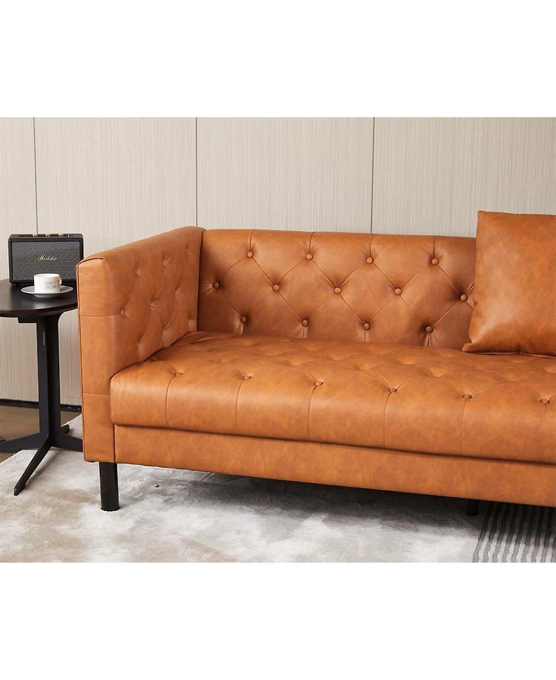 gaomon 3 Seater Sofa with Tufted Back, Grain Leather Couch with Feather, Vintage Faux Leather