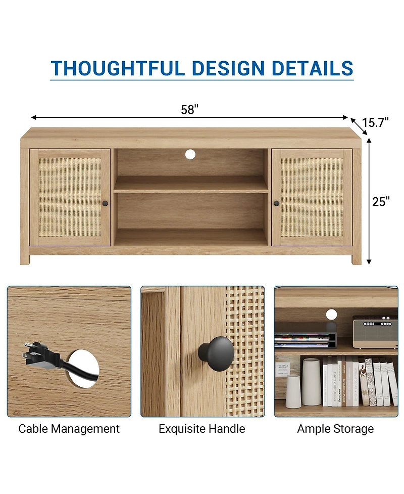 gaomon Tv Stand for 75 Inch Tv, Rattan Entertainment Center with Storage, Wood Tv & Media Console