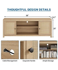 gaomon Tv Stand for 75 Inch Tv, Rattan Entertainment Center with Storage, Wood Tv & Media Console
