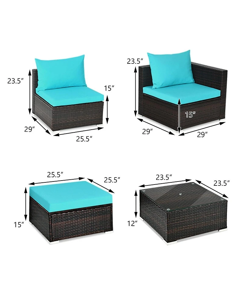 Sugift 5 Pieces Patio Rattan Furniture Set with Coffee Table-Turquoise