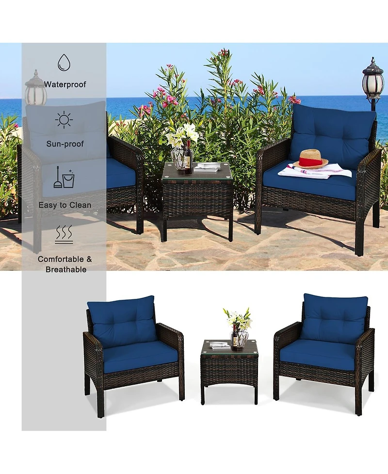 Sugift 3 Pieces Outdoor Patio Rattan Conversation Set with Seat Cushions-Navy