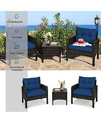 Sugift 3 Pieces Outdoor Patio Rattan Conversation Set with Seat Cushions-Navy