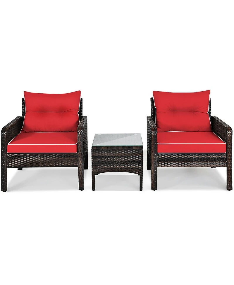 Sugift 3 Pcs Outdoor Patio Rattan Conversation Set with Seat Cushions-Red