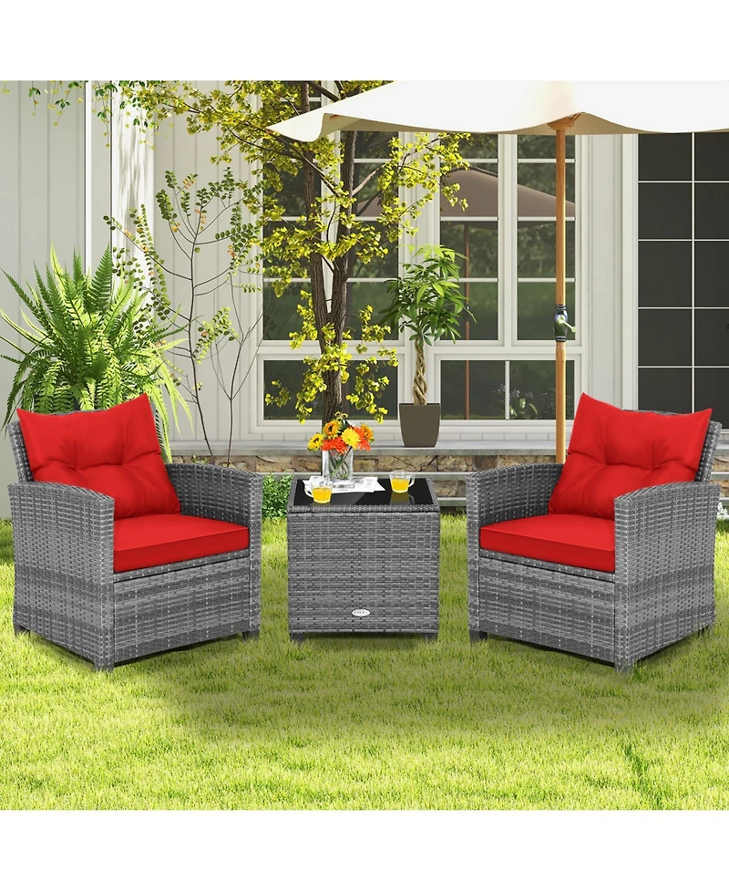 Sugift 3 Pieces Outdoor Wicker Conversation Set with Tempered Glass Tabletop-Red