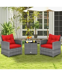Sugift 3 Pieces Outdoor Wicker Conversation Set with Tempered Glass Tabletop-Red