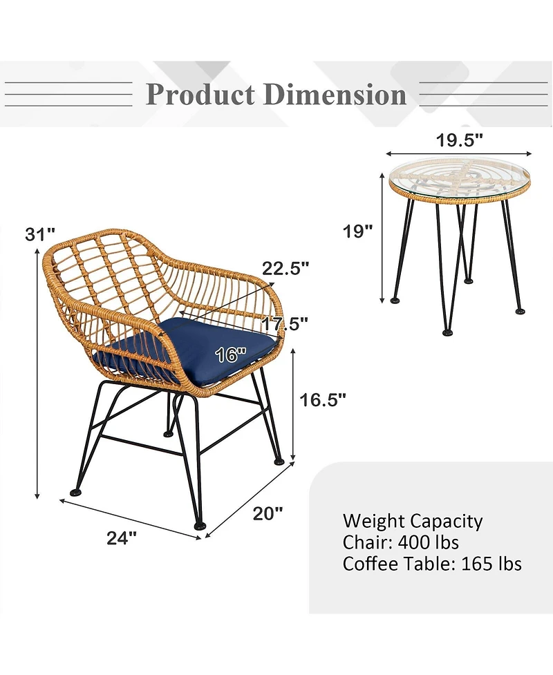 Sugift 3 Pieces Rattan Furniture Set with Cushioned Chair Table-Navy