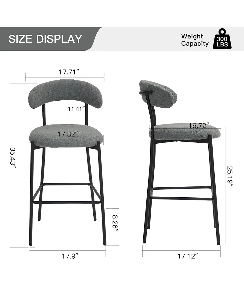 Streamdale Furniture 26" Counter height bar stools Teddy fabric cover kitchen island counter bar stool with black powder coating base and footrest(Gre