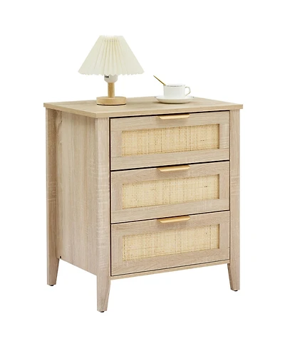 gaomon Nightstand, Rattan End Table, Nightstands with 3 Natural Rattan Drawers, Strong Support Wooden Structure, Side Table